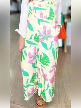 Peach Love California Cream Overalls with Pink & Green Print